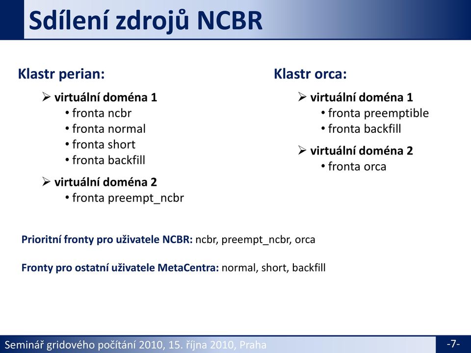 backfill virtuální doména 2 fronta orca Prioritní fronty pro uživatele NCBR: ncbr, preempt_ncbr, orca