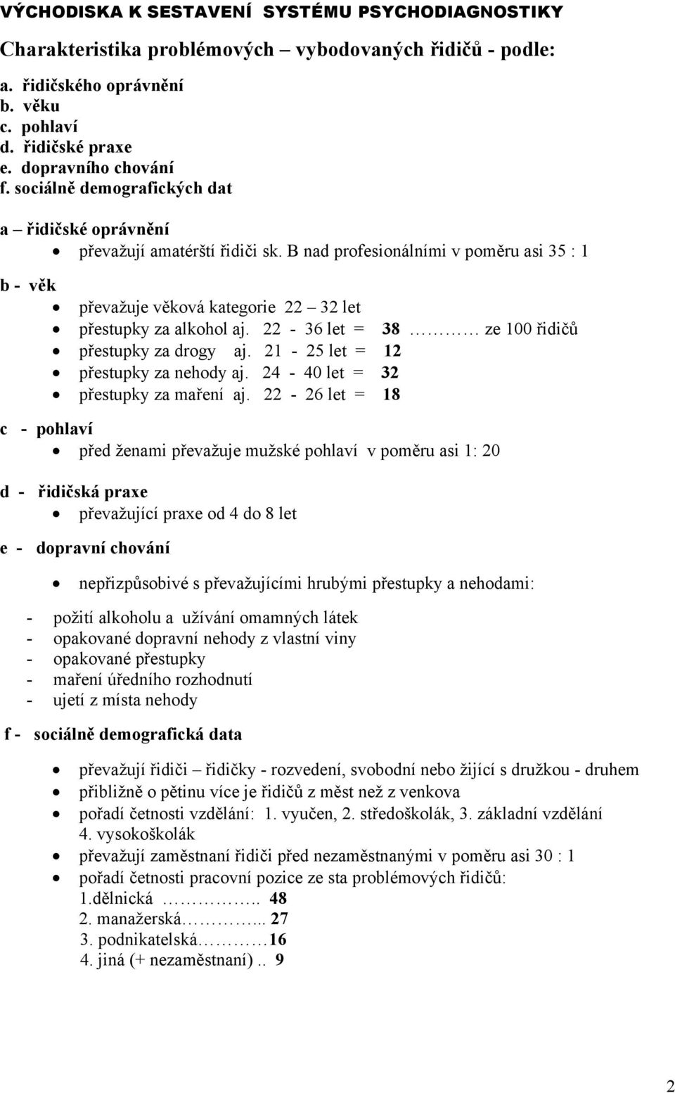 22-36 let = 38 ze 100 řidičů přestupky za drogy aj. 21-25 let = 12 přestupky za nehody aj. 24-40 let = 32 přestupky za maření aj.