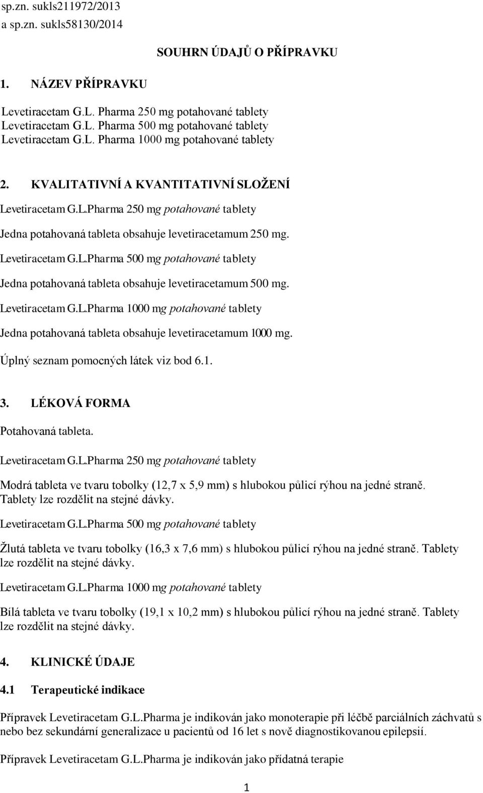 Levetiracetam G.L.Pharma 500 mg potahované tablety Jedna potahovaná tableta obsahuje levetiracetamum 500 mg. Levetiracetam G.L.Pharma 1000 mg potahované tablety Jedna potahovaná tableta obsahuje levetiracetamum 1000 mg.