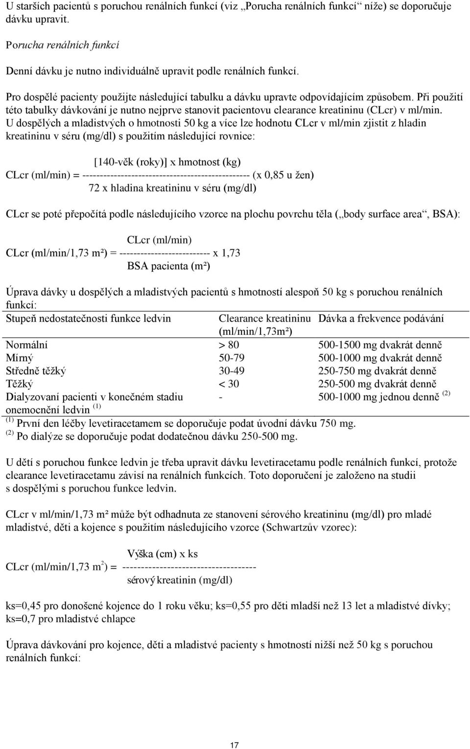 Při použití této tabulky dávkování je nutno nejprve stanovit pacientovu clearance kreatininu (CLcr) v ml/min.