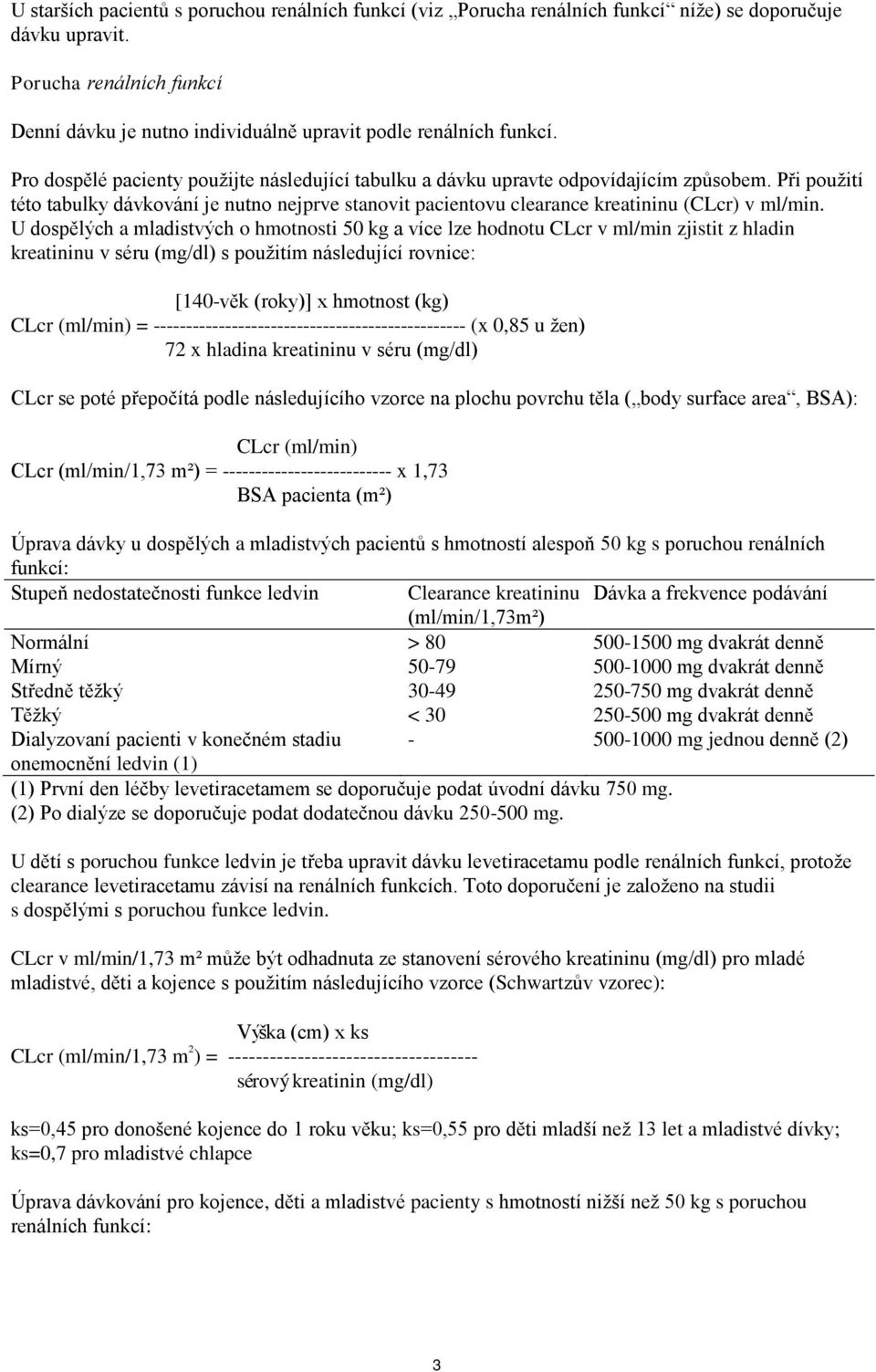 Při použití této tabulky dávkování je nutno nejprve stanovit pacientovu clearance kreatininu (CLcr) v ml/min.