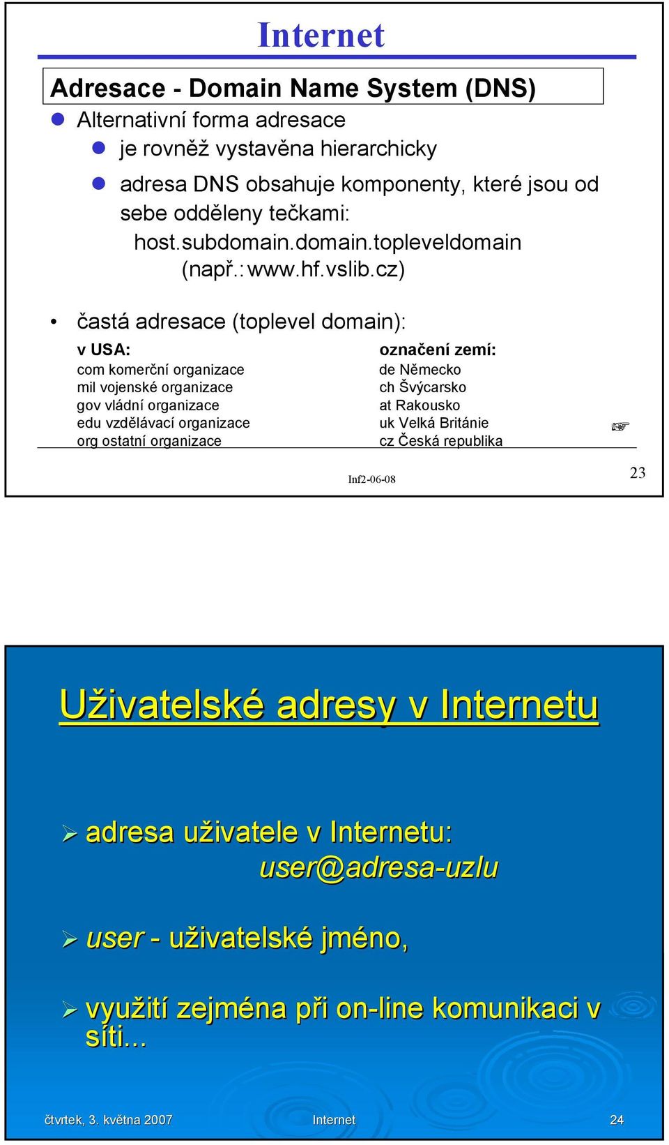 cz) častá adresace (toplevel domain): v USA: označení zemí: com komerční organizace de Německo mil vojenské organizace ch Švýcarsko gov vládní organizace at