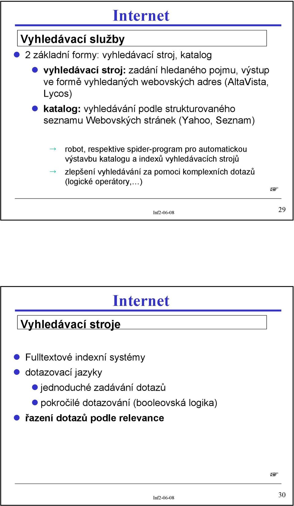 automatickou výstavbu katalogu a indexů vyhledávacích strojů zlepšení vyhledávání za pomoci komplexních dotazů (logické operátory, ) 29 Vyhledávací