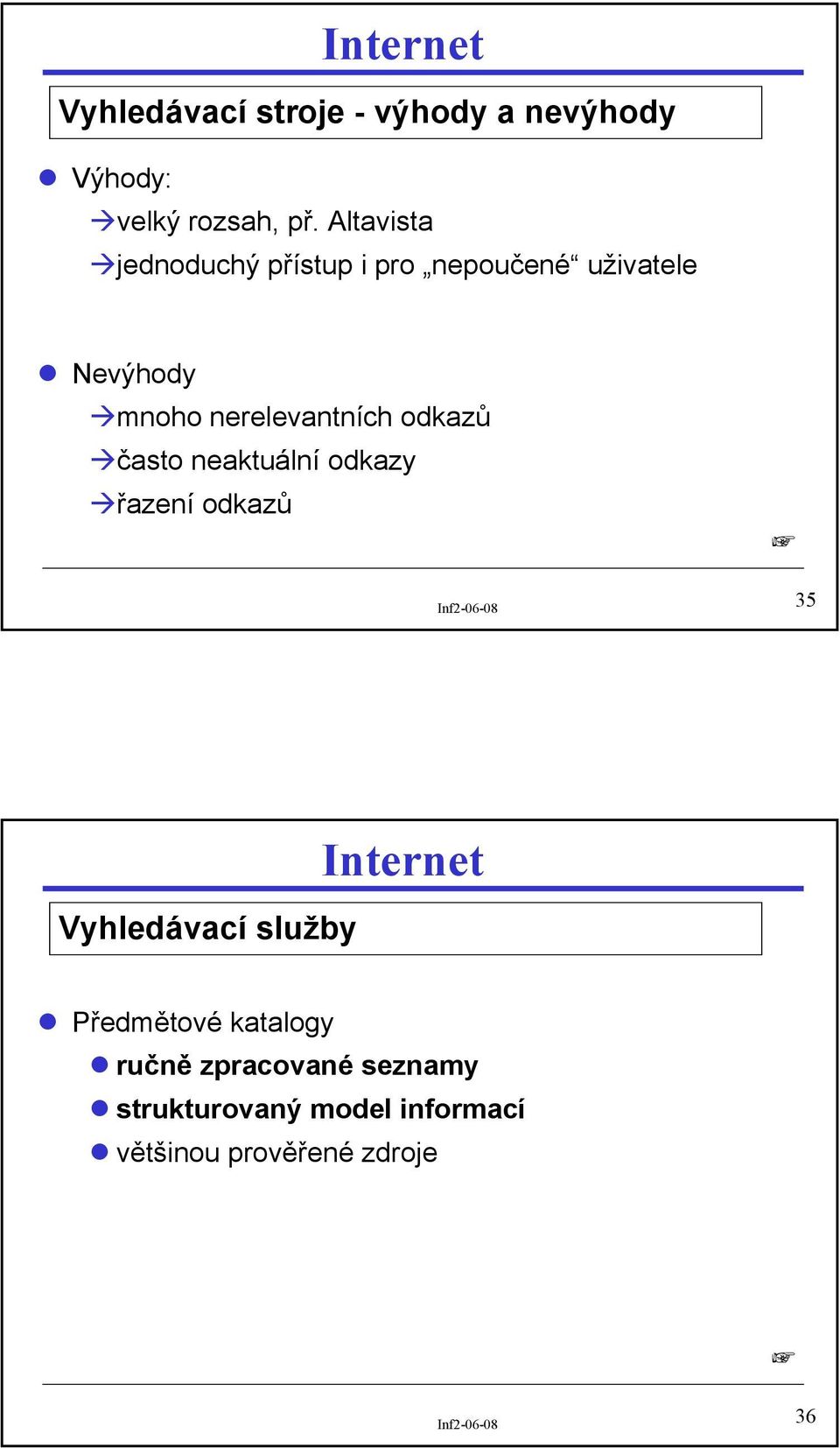 nerelevantních odkazů často neaktuální odkazy řazení odkazů 35 Vyhledávací