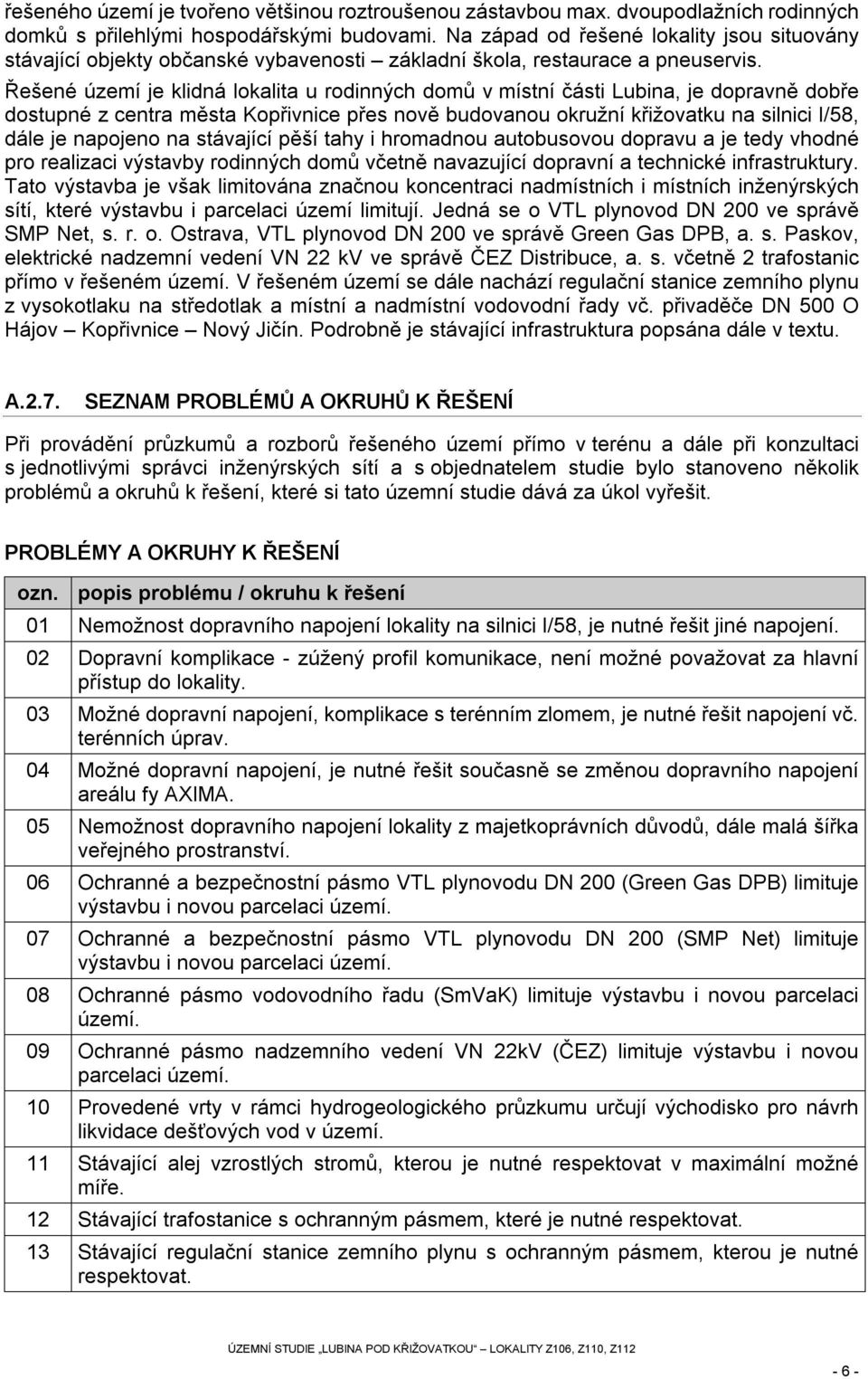 Řešené území je klidná lokalita u rodinných domů v místní části Lubina, je dopravně dobře dostupné z centra města Kopřivnice přes nově budovanou okružní křižovatku na silnici I/58, dále je napojeno