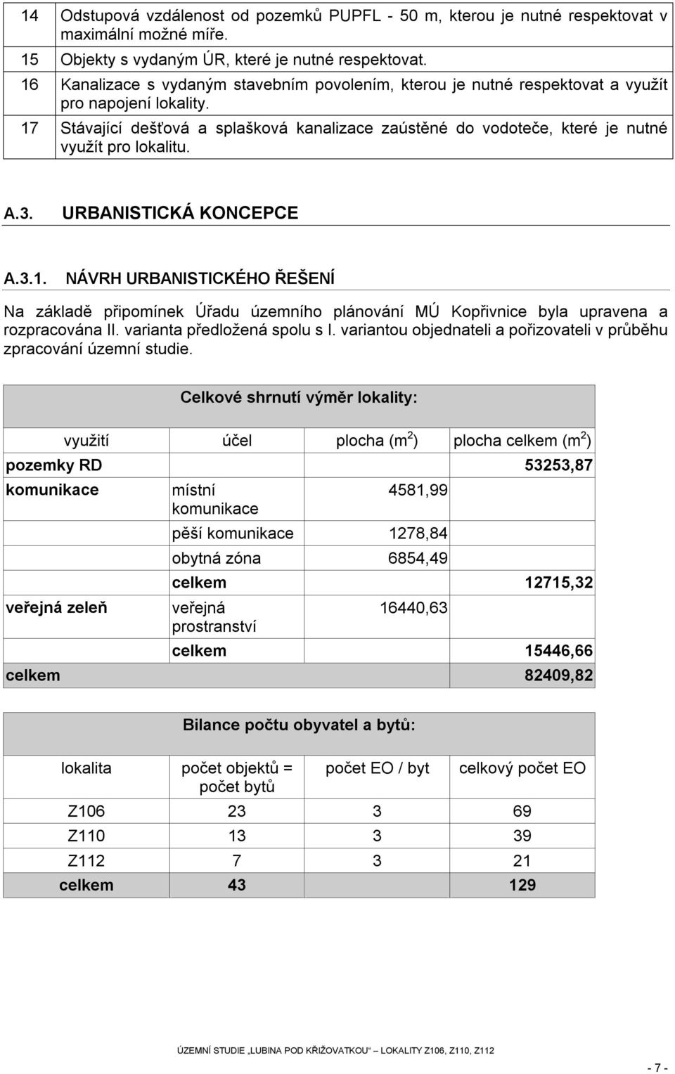 17 Stávající dešťová a splašková kanalizace zaústěné do vodoteče, které je nutné využít pro lokalitu. A.3. URBANISTICKÁ KONCEPCE A.3.1. NÁVRH URBANISTICKÉHO ŘEŠENÍ Na základě připomínek Úřadu územního plánování MÚ Kopřivnice byla upravena a rozpracována II.