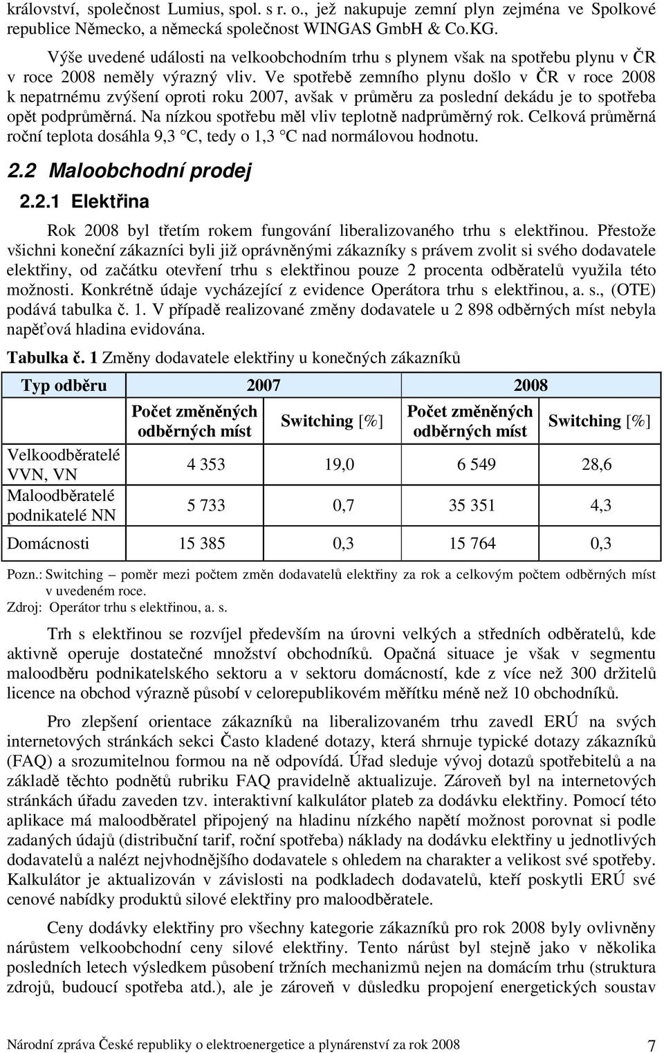 Ve spotřebě zemního plynu došlo v ČR v roce 2008 k nepatrnému zvýšení oproti roku 2007, avšak v průměru za poslední dekádu je to spotřeba opět podprůměrná.