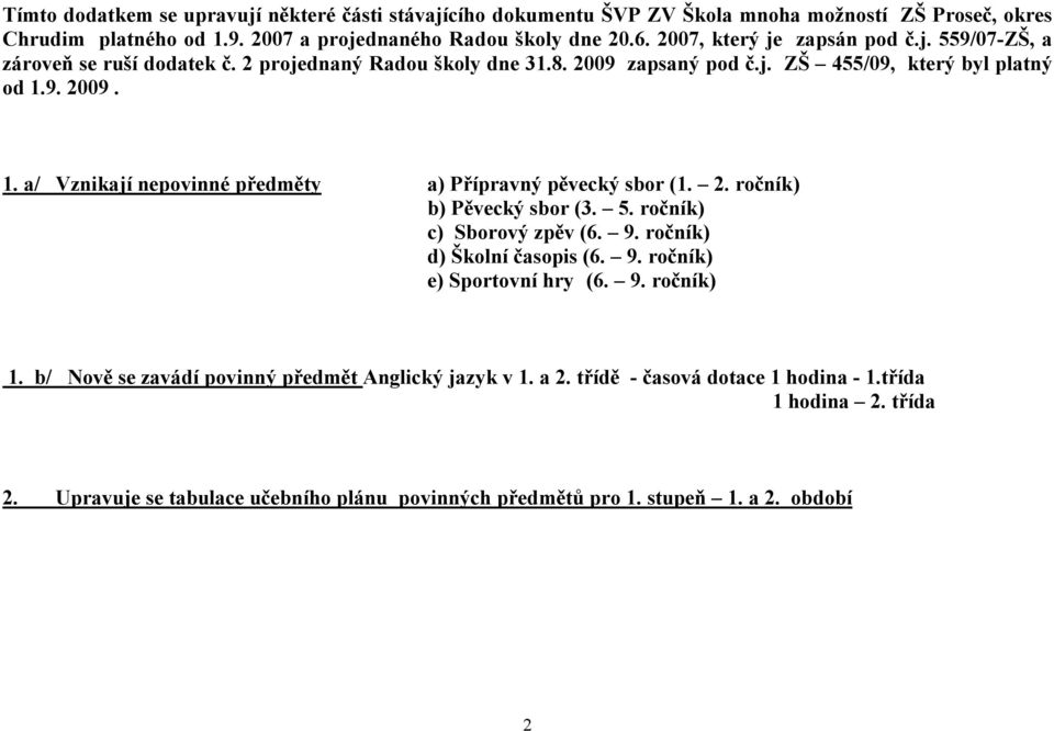 9. 2009. 1. a/ Vznikají nepovinné předměty a) Přípravný pěvecký sbor (1. 2. ročník) b) Pěvecký sbor (3. 5. ročník) c) Sborový zpěv (6. 9. ročník) d) Školní časopis (6. 9. ročník) e) Sportovní hry (6.