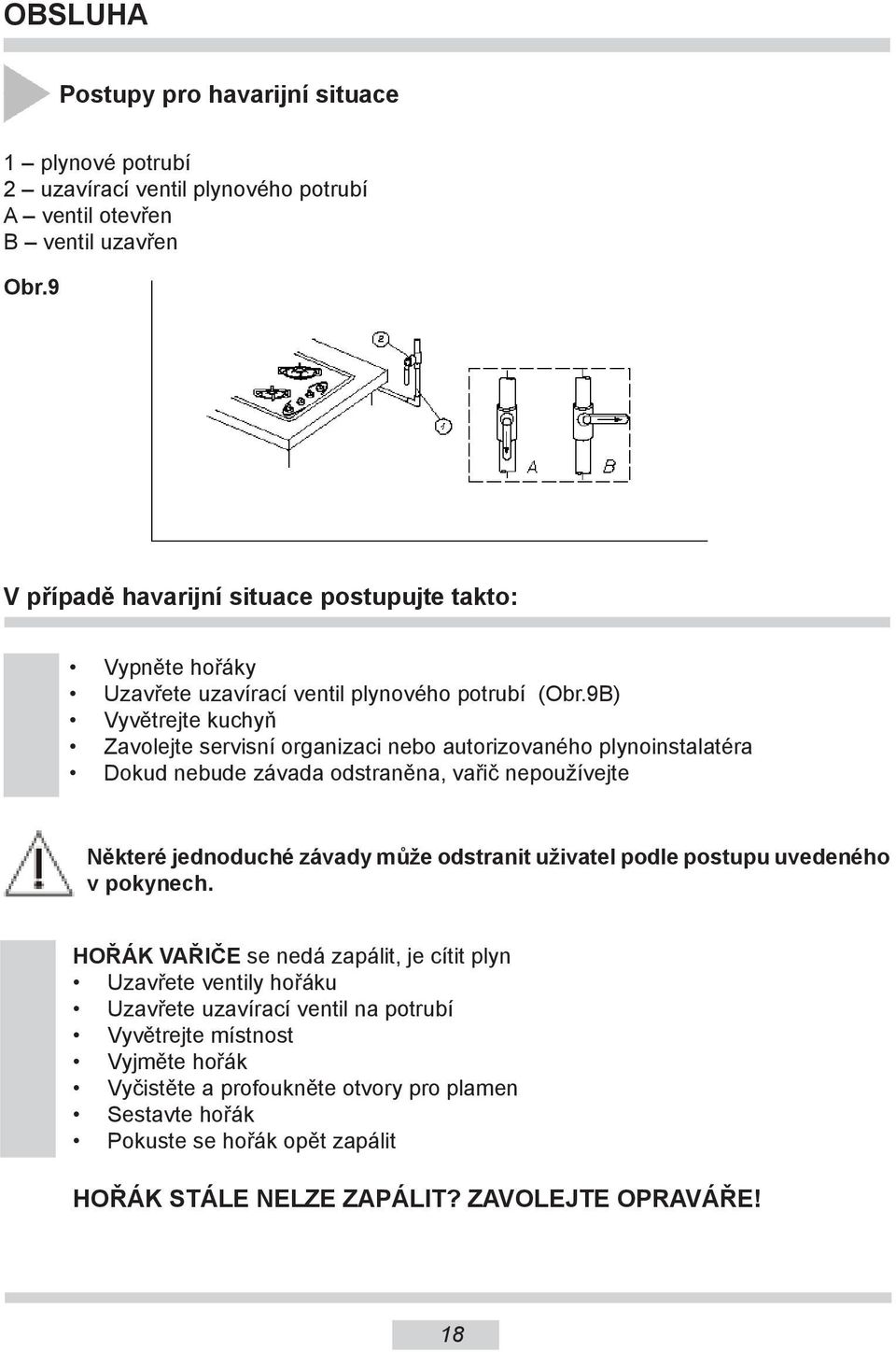 9B) Vyvětrejte kuchyň Zavolejte servisní organizaci nebo autorizovaného plynoinstalatéra Dokud nebude závada odstraněna, vařič nepoužívejte Některé jednoduché závady může odstranit