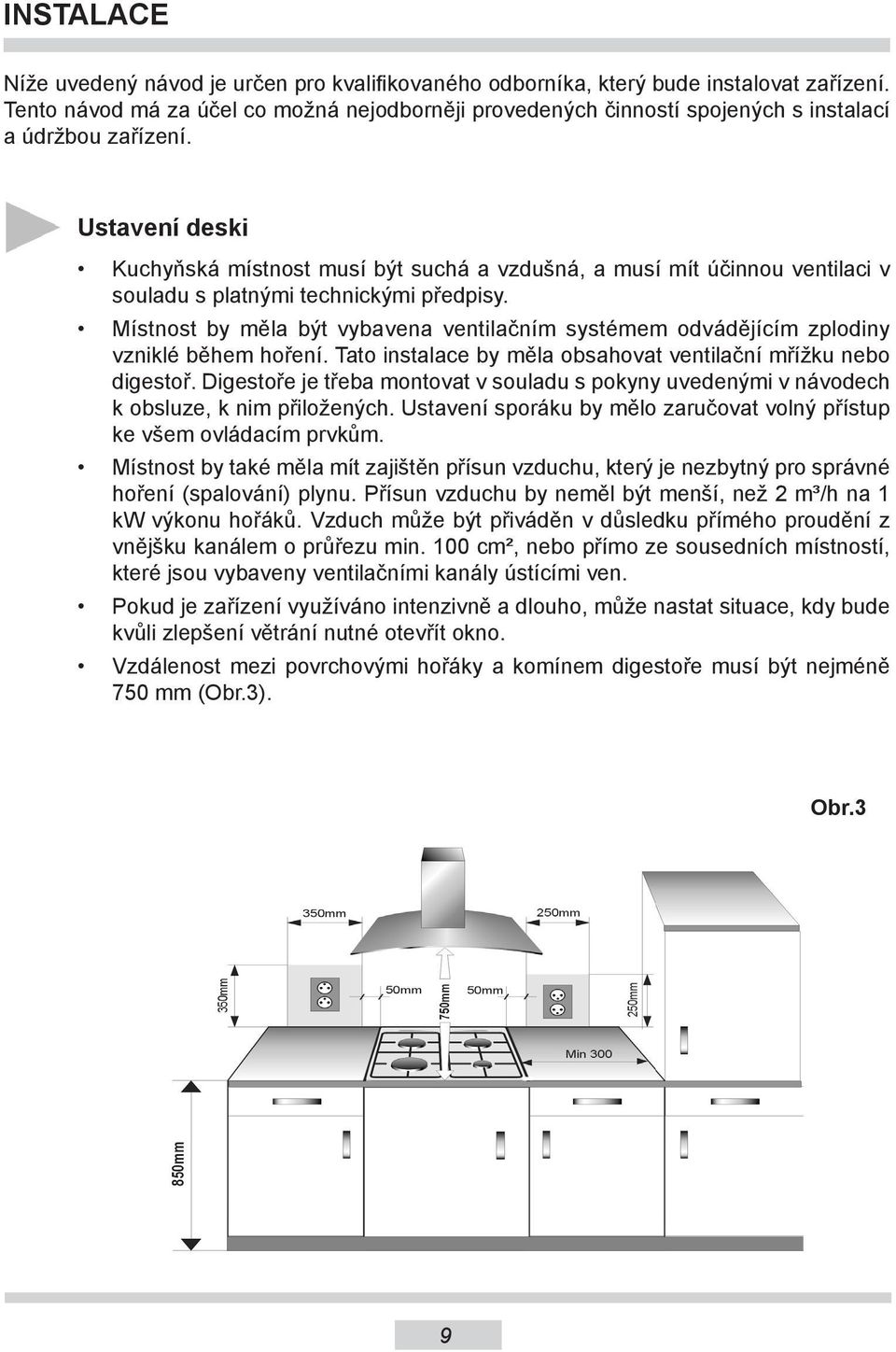 Ustavení deski Kuchyňská místnost musí být suchá a vzdušná, a musí mít účinnou ventilaci v souladu s platnými technickými předpisy.