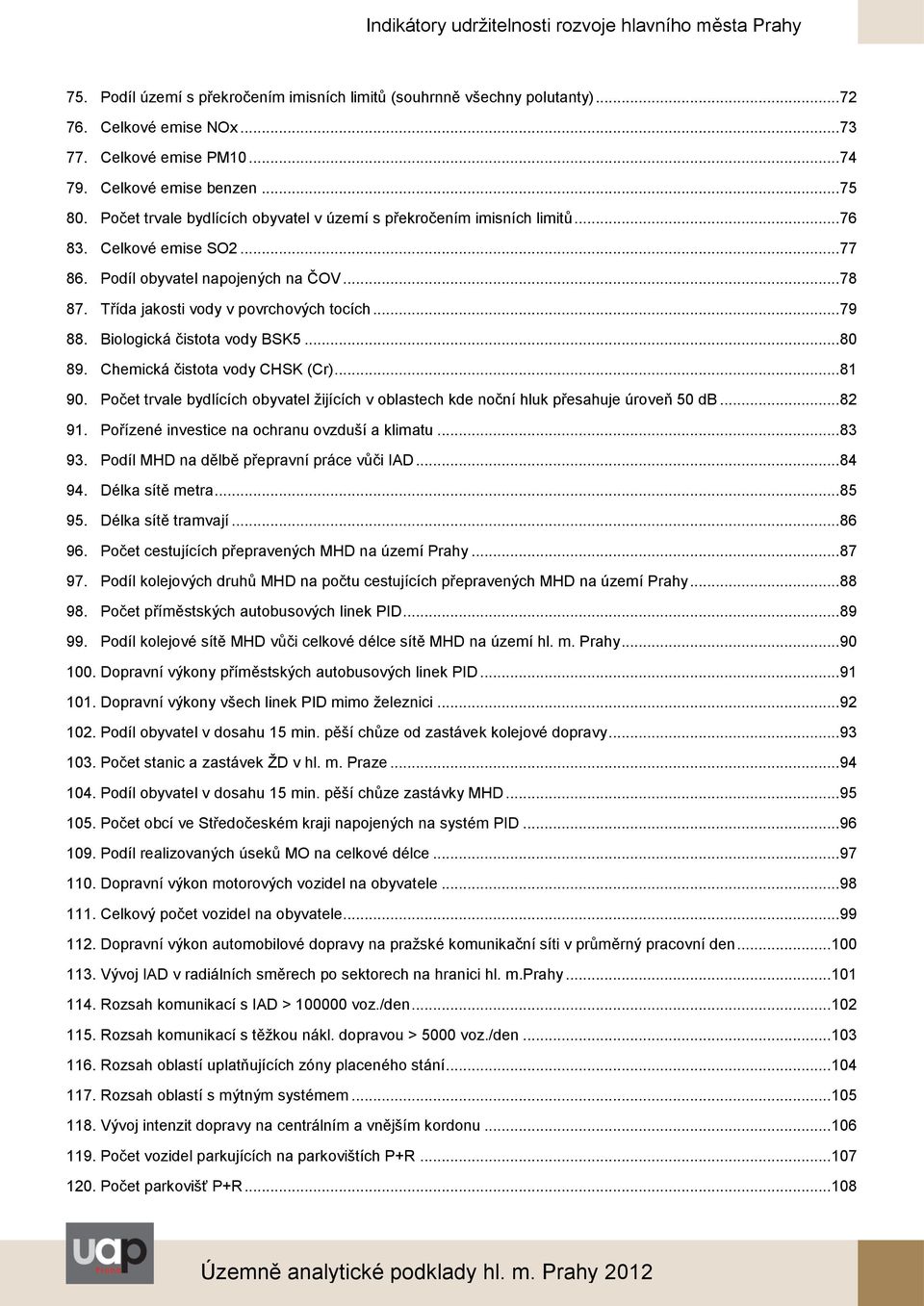 Biologická čistota vody BSK5... 80 89. Chemická čistota vody CHSK (Cr)... 81 90. Počet trvale bydlících obyvatel žijících v oblastech kde noční hluk přesahuje úroveň 50 db... 82 91.