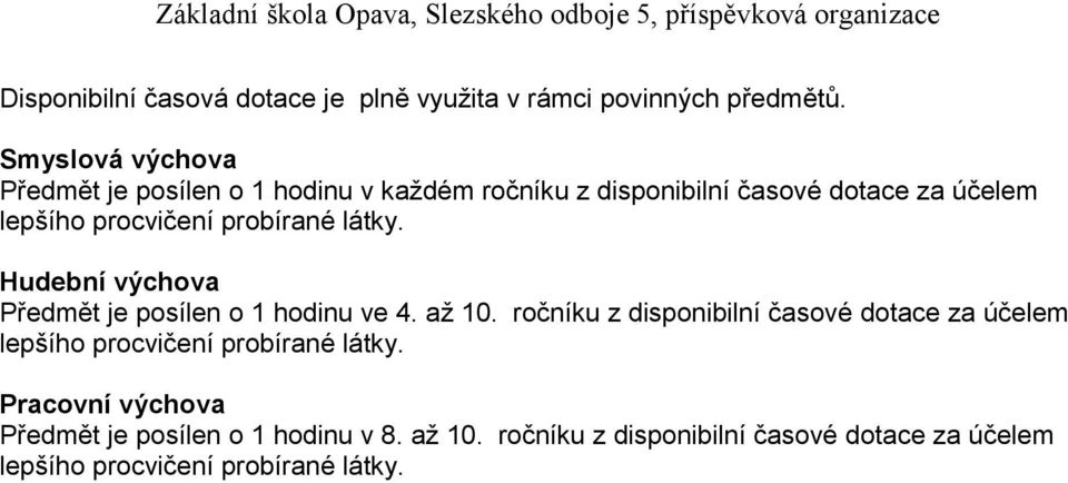 probírané látky. Hudební výchova Předmět je posílen o 1 hodinu ve 4. až 10.