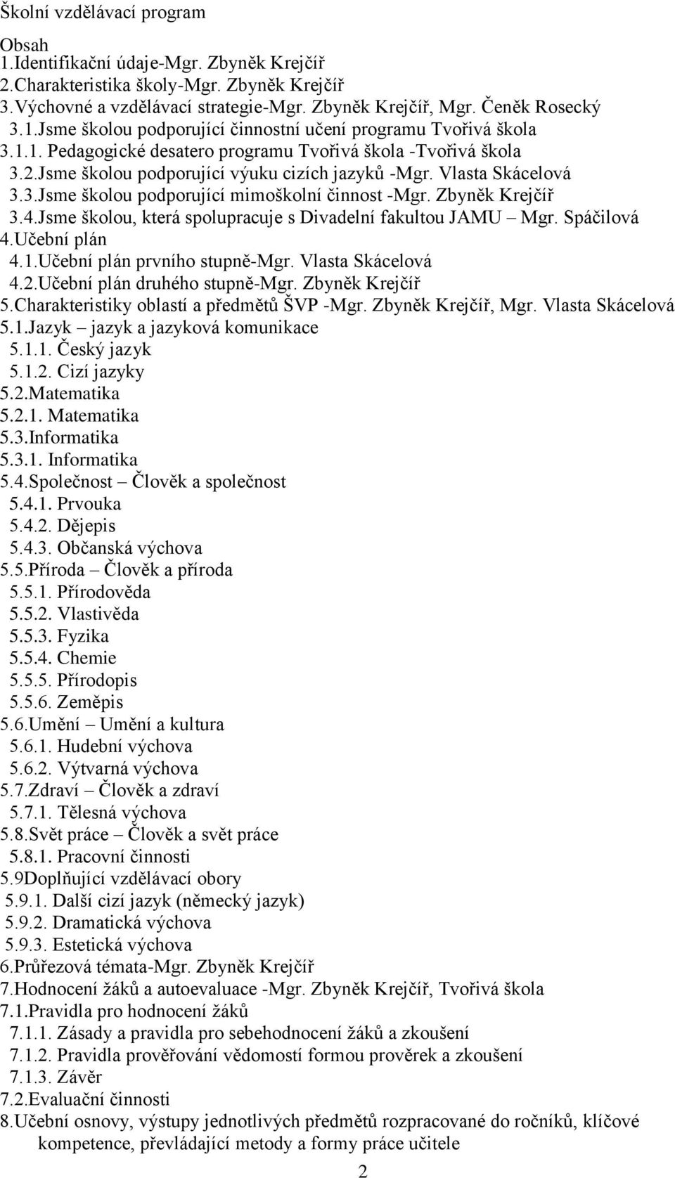 Zbyněk Krejčíř 3.4.Jsme školou, která spolupracuje s Divadelní fakultou JAMU Mgr. Spáčilová 4.Učební plán 4..Učební plán prvního stupněmgr. Vlasta Skácelová 4..Učební plán druhého stupněmgr.