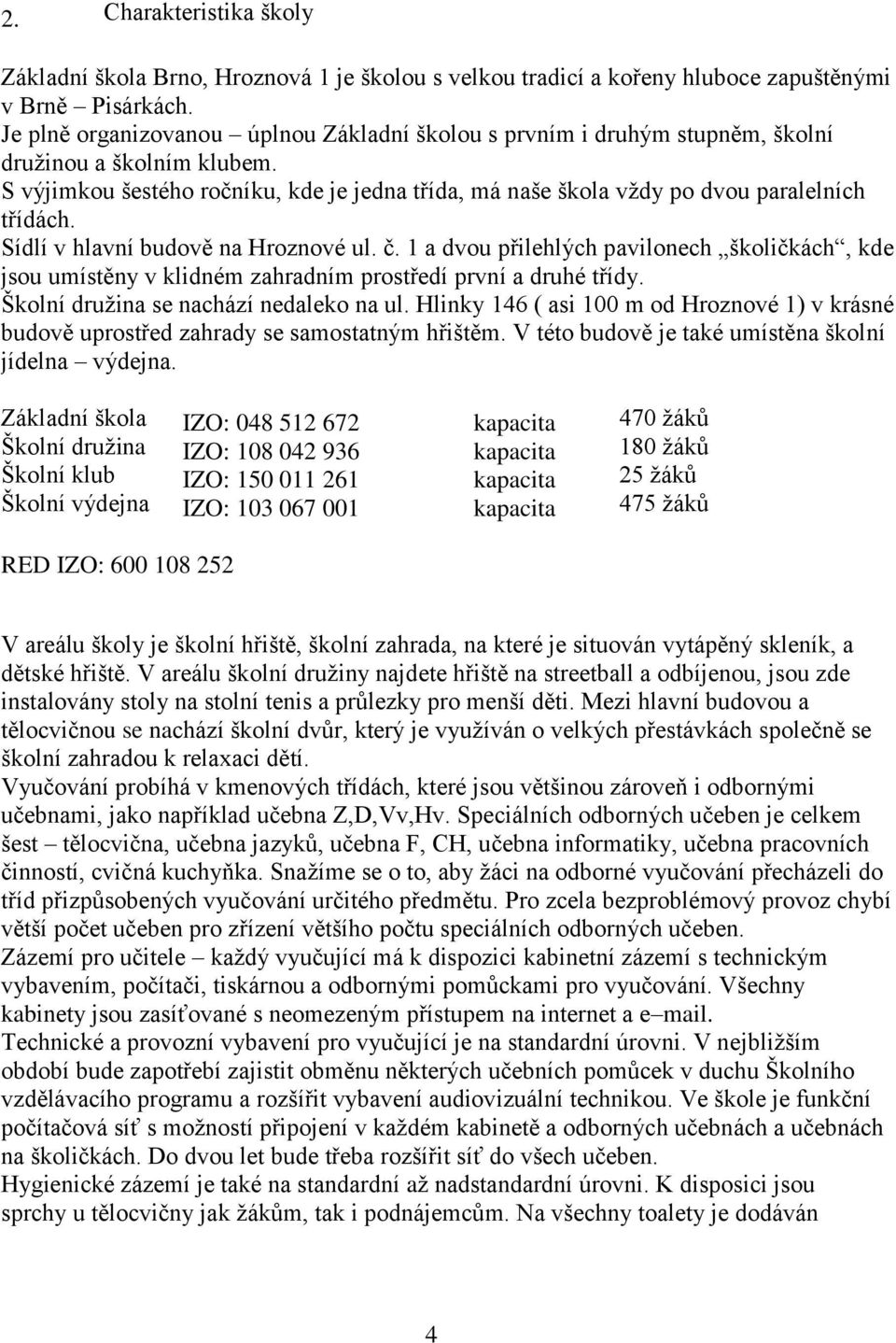 S výjimkou šestého ročníku, kde je jedna třída, má naše škola vždy po dvou paralelních třídách. Sídlí v hlavní budově na Hroznové ul. č.