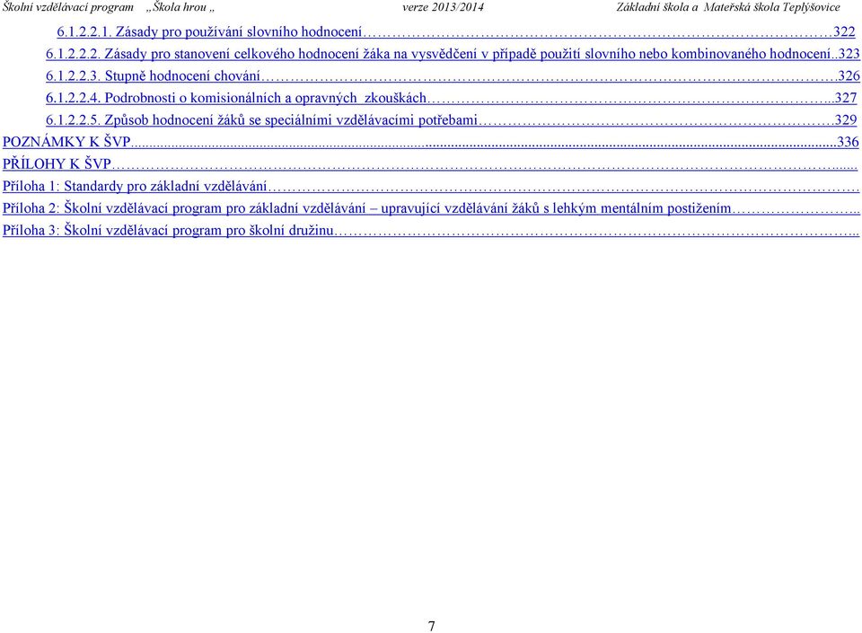 Způsob hodnocení žáků se speciálními vzdělávacími potřebami.329 POZNÁMKY K ŠVP...336 PŘÍLOHY K ŠVP... Příloha 1: Standardy pro základní vzdělávání.