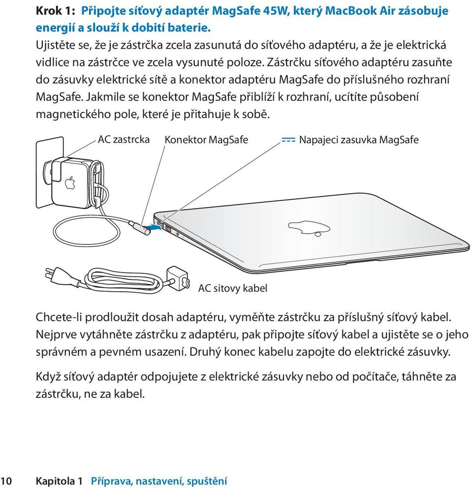 Zástrčku síťového adaptéru zasuňte do zásuvky elektrické sítě a konektor adaptéru MagSafe do příslušného rozhraní MagSafe.