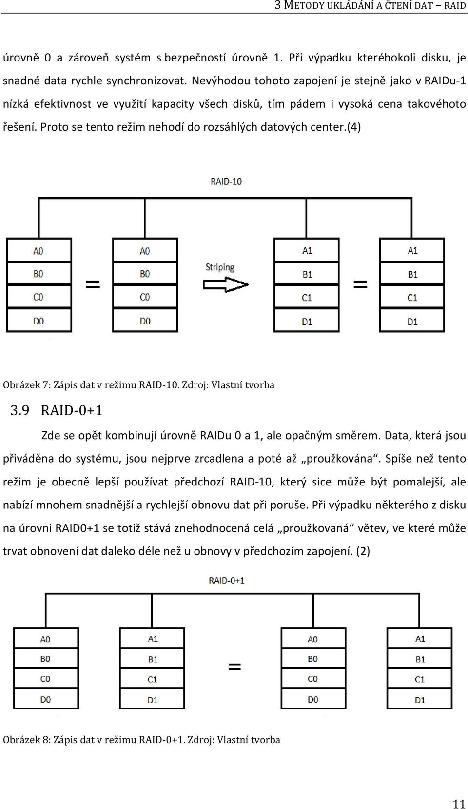 Proto se tento režim nehodí do rozsáhlých datových center.(4) Obrázek 7: Zápis dat v režimu RAID-10. Zdroj: Vlastní tvorba 3.9 RAID-0+1 Zde se opět kombinují úrovně RAIDu 0 a 1, ale opačným směrem.