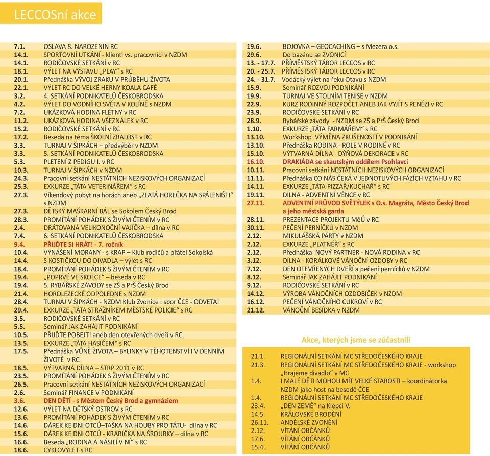 2. Beseda na téma ŠKOLNÍ ZRALOST v RC 3.3. TURNAJ V ŠIPKÁCH předvýběr v NZDM 3.3. 5. SETKÁNÍ PODNIKATELŮ ČESKOBRODSKA 5.3. PLETENÍ Z PEDIGU I. v RC 10.3. TURNAJ V ŠIPKÁCH v NZDM 24.3. Pracovní setkání NESTÁTNÍCH NEZISKOVÝCH ORGANIZACÍ 25.