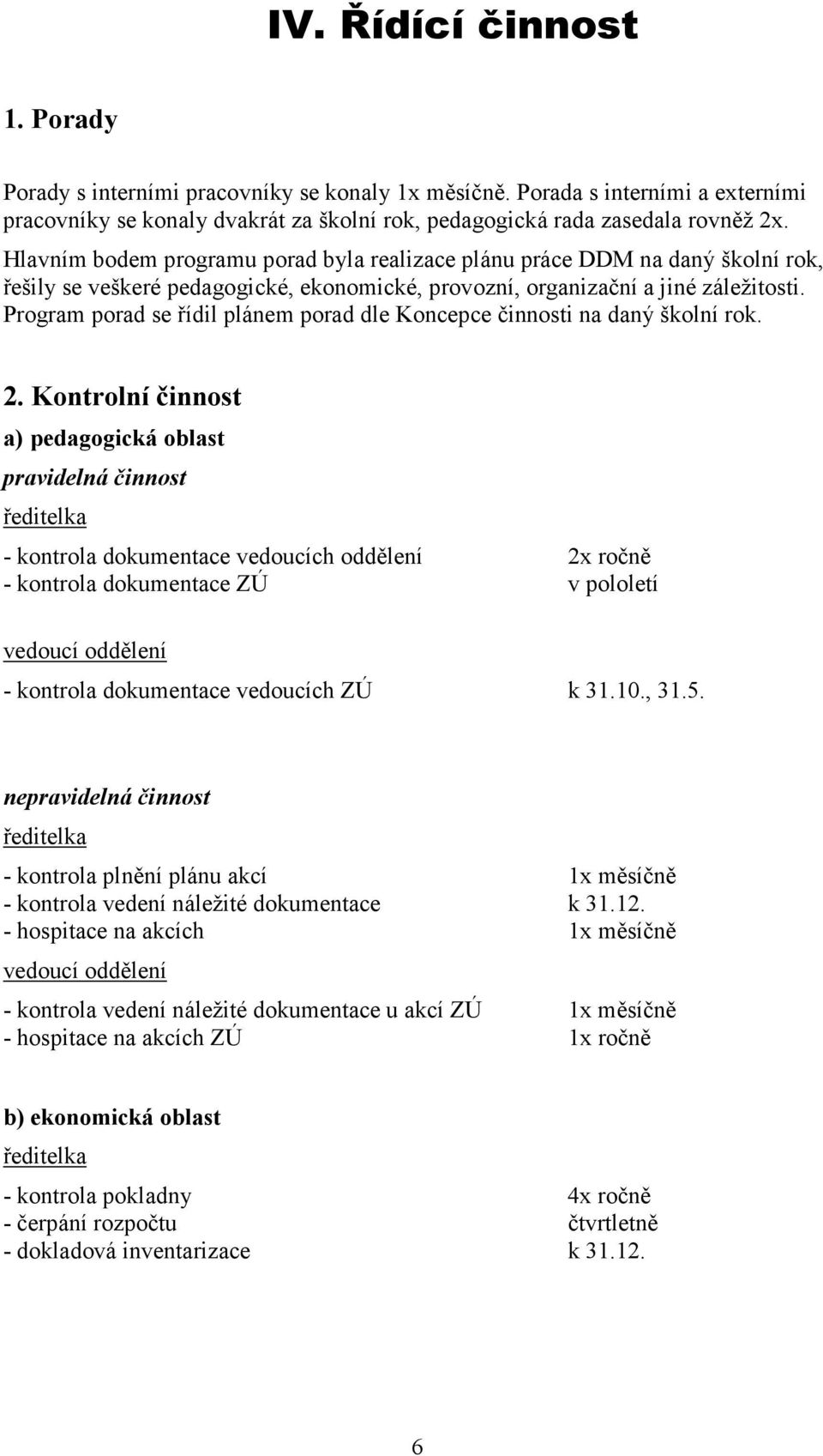 Program porad se řídil plánem porad dle Koncepce činnosti na daný školní rok. 2.