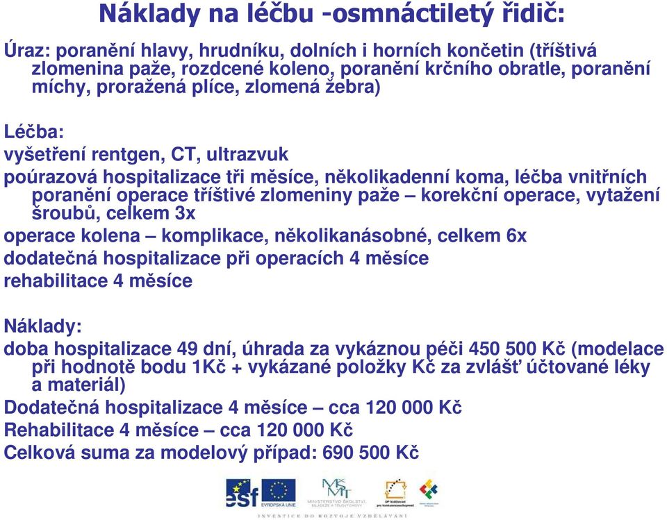 šroubů, celkem 3x operace kolena komplikace, několikanásobné, celkem 6x dodatečná hospitalizace při operacích 4 měsíce rehabilitace 4 měsíce Náklady: doba hospitalizace 49 dní, úhrada za vykáznou