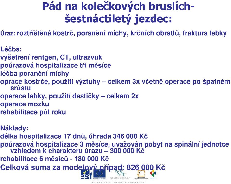 lebky, použití destičky celkem 2x operace mozku rehabilitace půl roku Náklady: délka hospitalizace 17 dnů, úhrada 346 000 Kč poúrazová hospitalizace 3