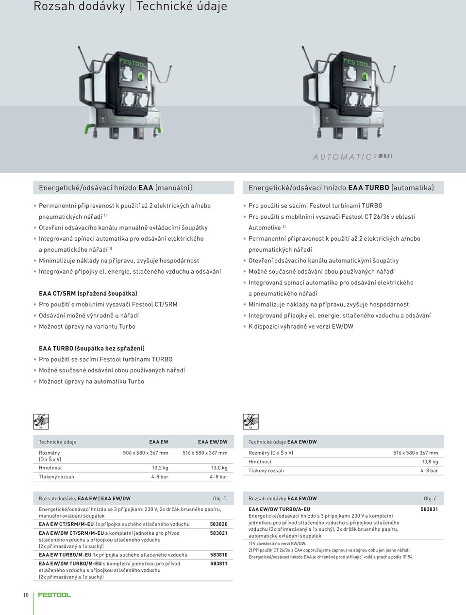 energie, stlačeného vzduchu a odsávání EAA CT/SRM (spřažená šoupátka) Pro použití s mobilními vysavači Festool CT/SRM Odsávání možné výhradně u nářadí Možnost úpravy na variantu Turbo