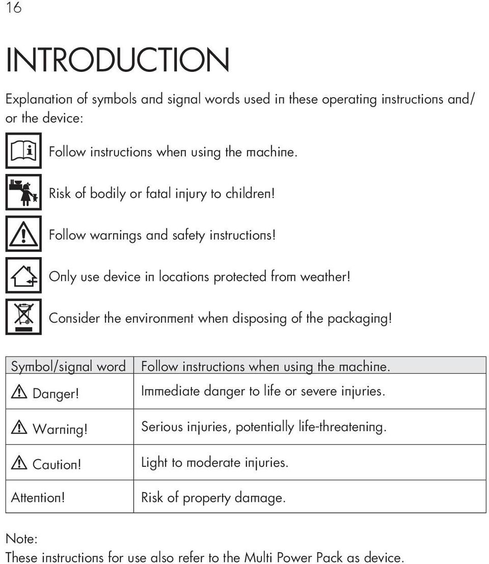 Consider the environment when disposing of the packaging! Symbol/signal word Danger! Warning! Caution! Attention! Follow instructions when using the machine.