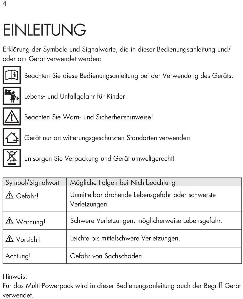 Entsorgen Sie Verpackung und Gerät umweltgerecht! Symbol/Signalwort Gefahr! Warnung! Vorsicht! Achtung!