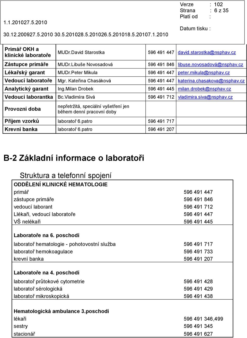 Milan Drobek 596 491 445 milan.drobek@nsphav.cz Vedoucí laborantka Bc.Vladimíra Sivá 596 491 712 vladimira.siva@nsphav.