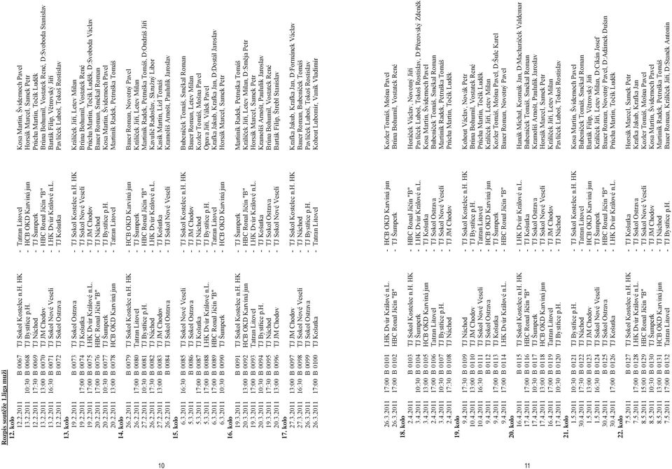 HK Dv r Králové n.l. Barták Filip, V trovský Ji í 12.2.2011 B 0072 TJ Sokol Ostrava - TJ Košutka Pavlí ek Luboš, Tokoš Rostislav 19.2.2011 B 0073 TJ Sokol Ostrava - TJ Sokol Kostelec n.h.