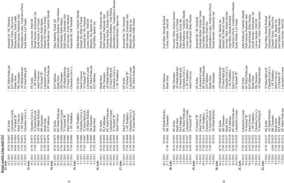 L. - TJ Sokol B lá p.b. Kasík Martin, Lízl Tomáš 19.2.2011 13:00 D 0073 Chemi ka Ústí n. L. - HC Kolín Lorenc Jaroslav, Motl Ji í 19.2.2011 17:00 D 0074 TJ Sokol B lá p.b. - 1.