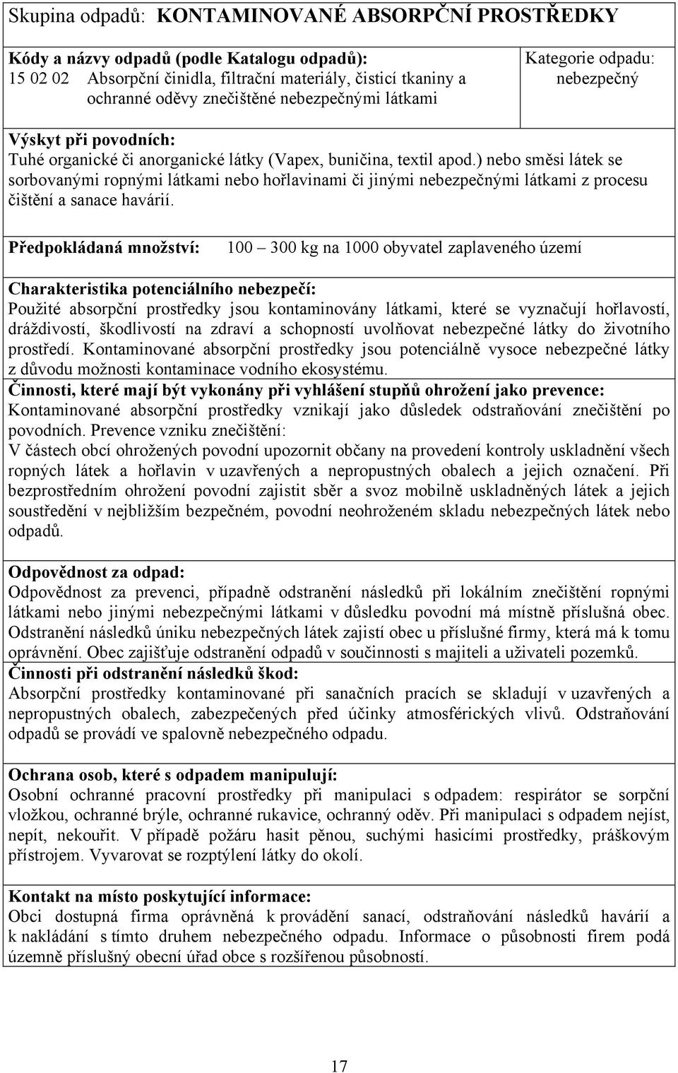 ) nebo sm si látek se sorbovanými ropnými látkami nebo ho lavinami i jinými mi látkami z procesu išt ní a sanace havárií.