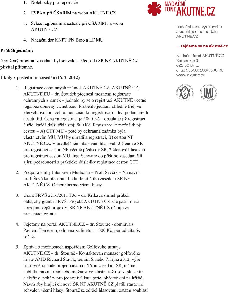 CZ, AKUTNĚ.CZ, AKUTNĚ.EU dr. Štoudek přednesl možnosti registrace ochranných známek jednalo by se o registraci AKUTNĚ včetně loga bez domény.cz nebo.eu.