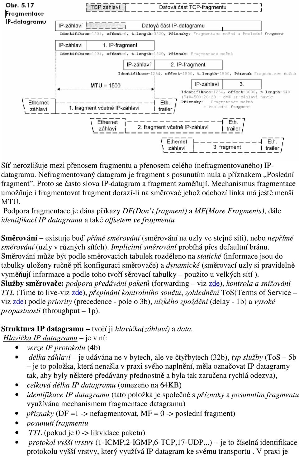 Podpora fragmentace je dána příkazy DF(Don t fragment) a MF(More Fragments), dále identifikací IP datagramu a také offsetem ve fragmentu Směrování existuje buď přímé směrování (směrování na uzly ve