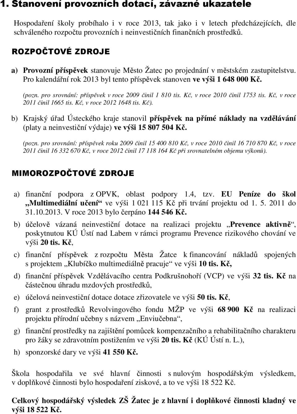 pro srovnání: příspěvek v roce 2009 činil 1 810 tis. Kč, v roce 2010 činil 1753 tis. Kč, v roce 2011 činil 1665 tis. Kč, v roce 2012 1648 tis. Kč).