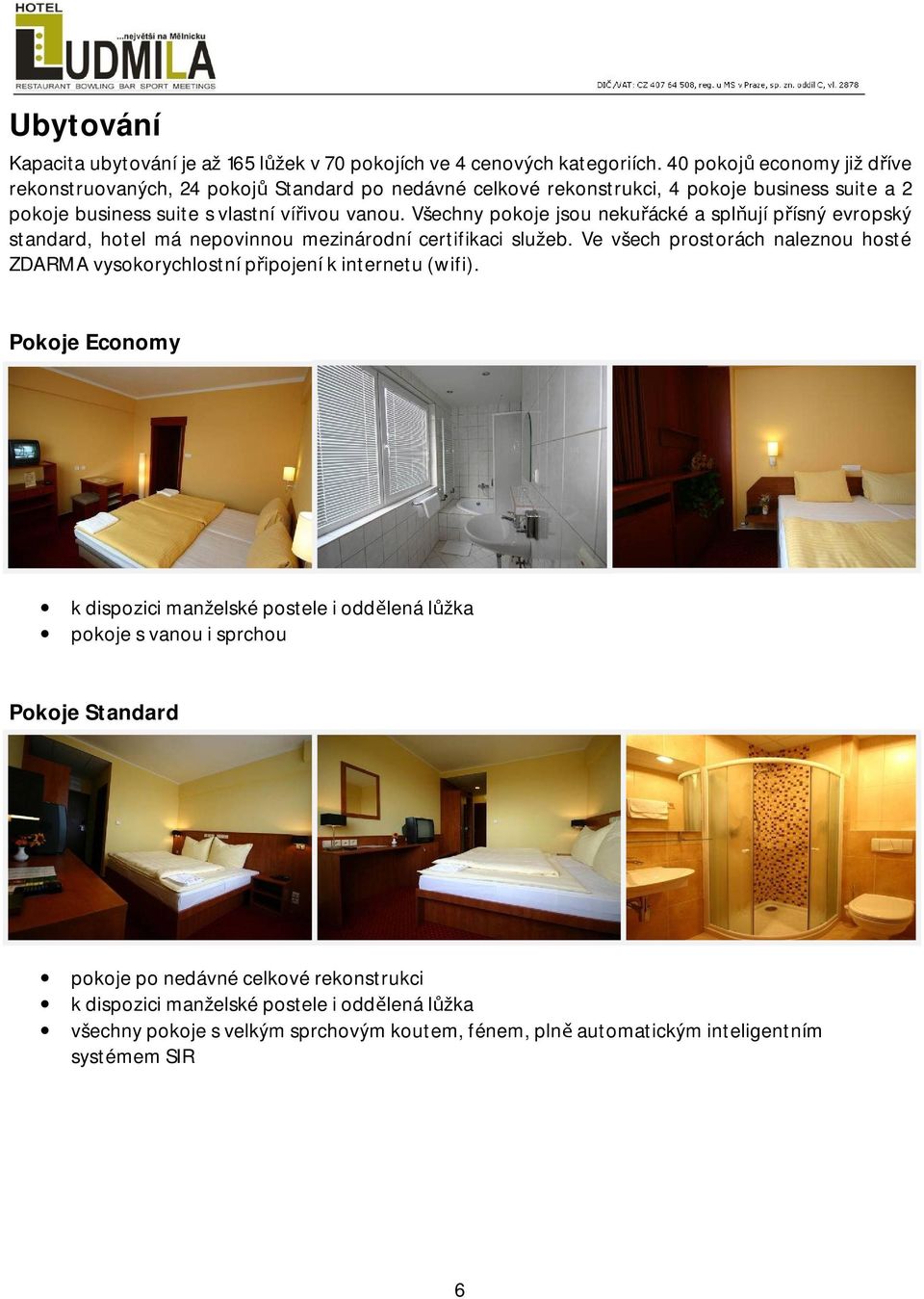 Všechny pokoje jsou nekuřácké a splňují přísný evropský standard, hotel má nepovinnou mezinárodní certifikaci služeb.