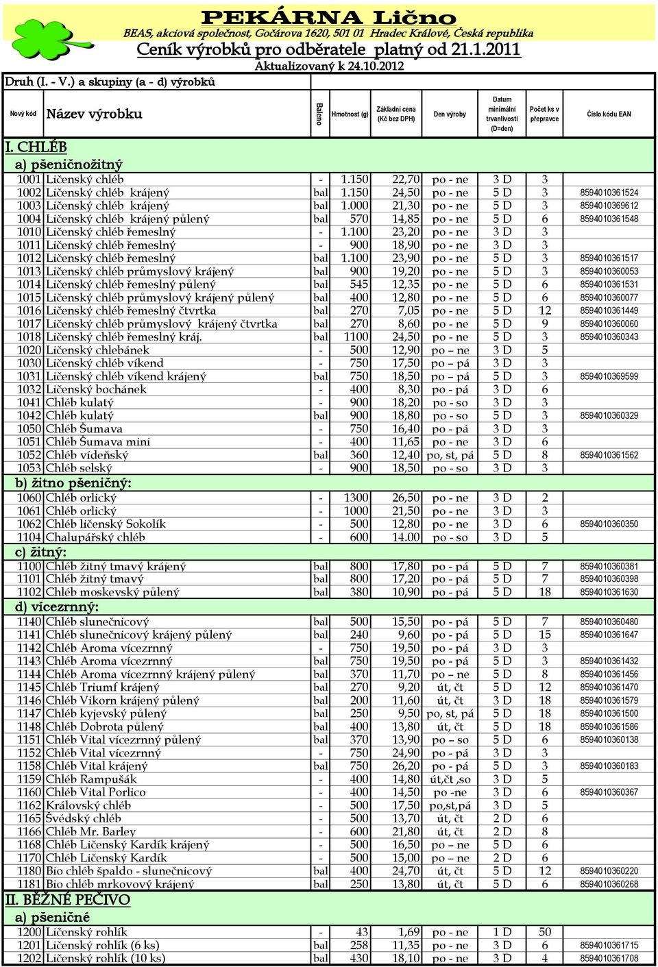 000 21,30 po - ne 5 D 3 8594010369612 1004 Ličenský chléb krájený půlený bal 570 14,85 po - ne 5 D 6 8594010361548 1010 Ličenský chléb řemeslný - 1.