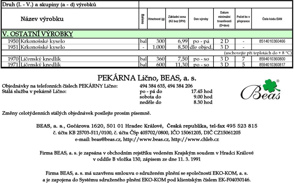 3 D 7 8594010360800 1971 Ličenský knedlík bal 600 11,30 po - so 3 D 5 8594010360817 PEKÁRNA Lično, BEAS, a. s. Objednávky na telefonních číslech PEKÁRNY Lično: 494 384 635, 494 384 206 Stálá služba v pekárně Lično: po - pá do 17.