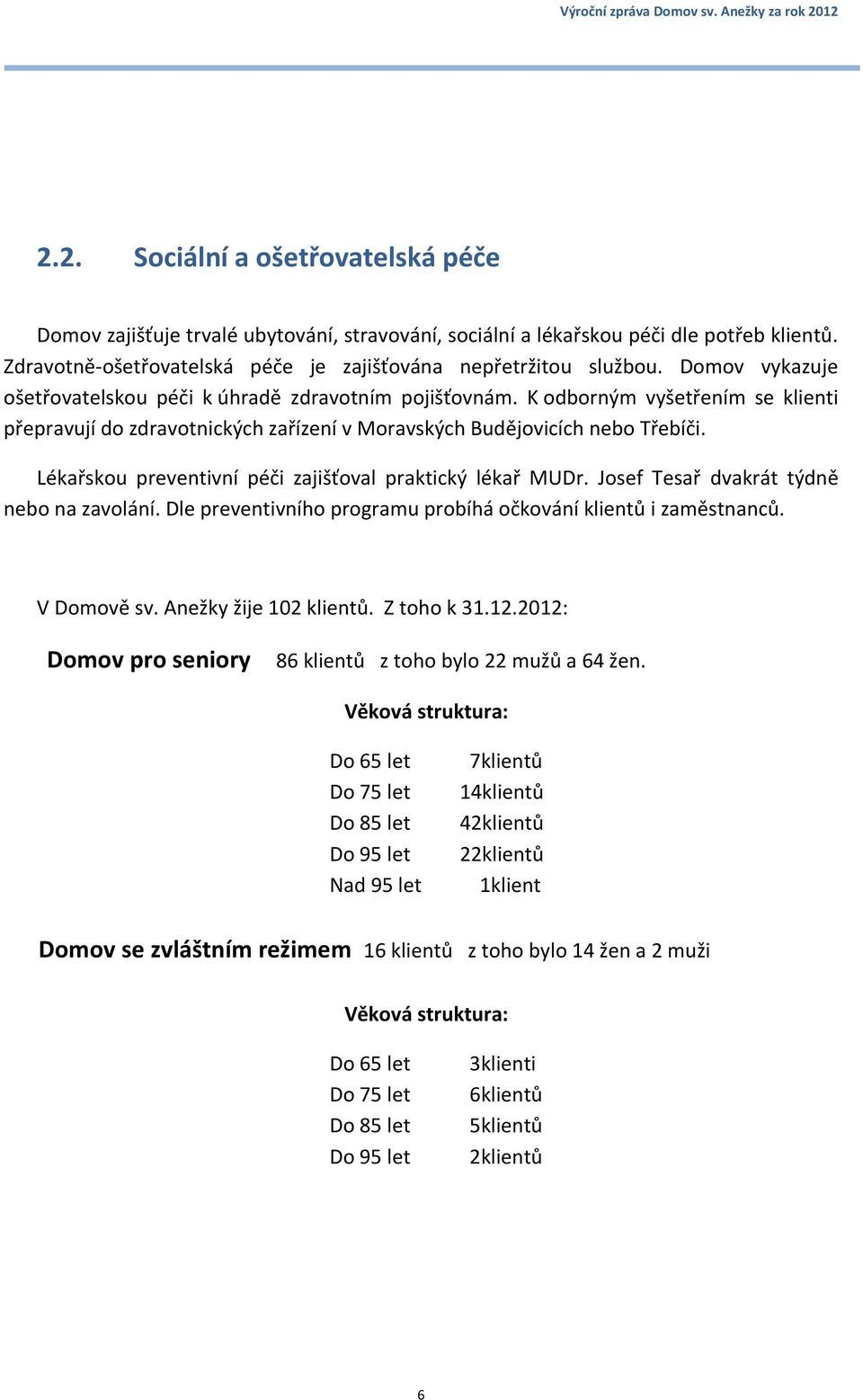 Lékařskou preventivní péči zajišťoval praktický lékař MUDr. Josef Tesař dvakrát týdně nebo na zavolání. Dle preventivního programu probíhá očkování klientů i zaměstnanců. V Domově sv.