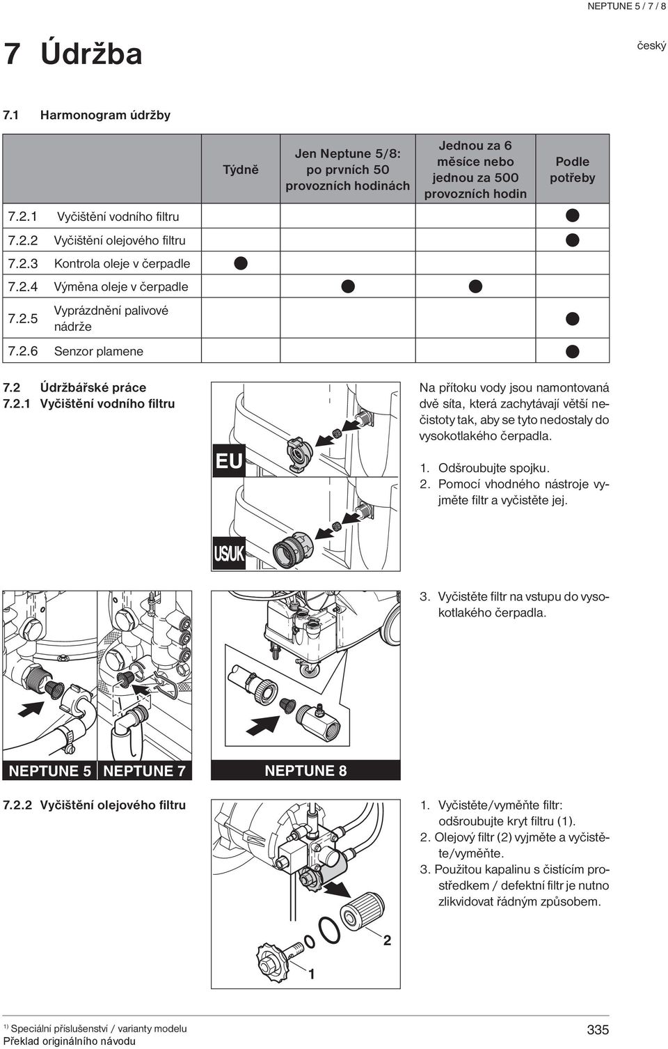 1. Odšroubujte spojku. 2. Pomocí vhodného nástroje vyjměte filtr a vyčistěte jej. 3. Vyčistěte filtr na vstupu do vysokotlakého čerpadla. NEPTUNE 5 NEPTUNE 7 NEPTUNE 8 7.2.2 Vyčištění olejového filtru 1.