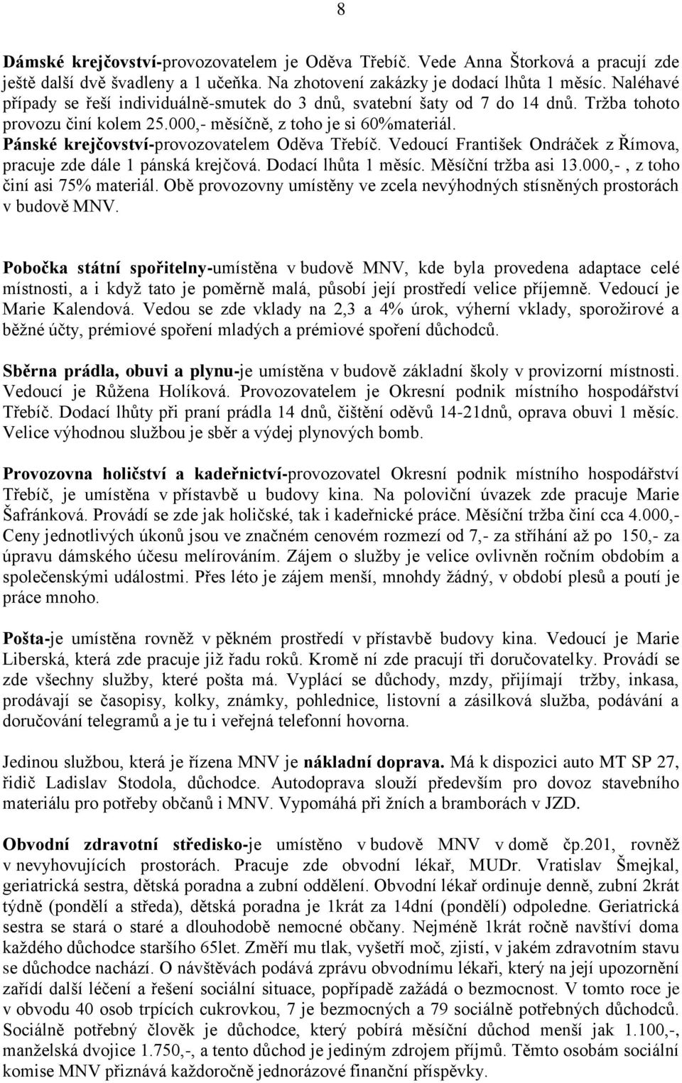 Pánské krejčovství-provozovatelem Oděva Třebíč. Vedoucí František Ondráček z Římova, pracuje zde dále 1 pánská krejčová. Dodací lhůta 1 měsíc. Měsíční tržba asi 13.000,-, z toho činí asi 75% materiál.