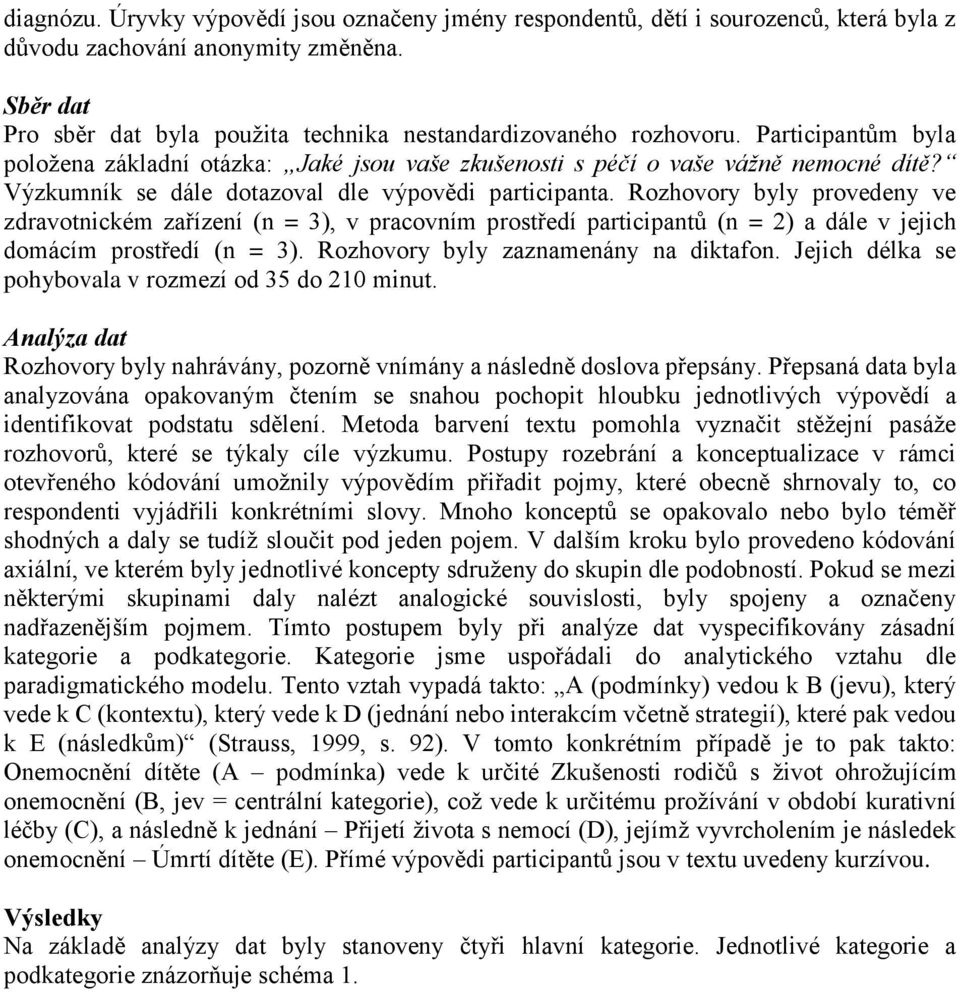 Výzkumník se dále dotazoval dle výpovědi participanta. Rozhovory byly provedeny ve zdravotnickém zařízení (n = 3), v pracovním prostředí participantů (n = 2) a dále v jejich domácím prostředí (n = 3).