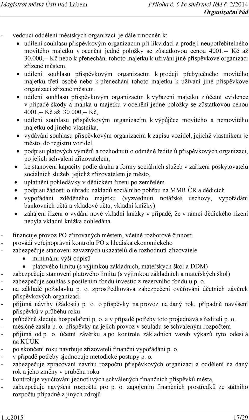 000,-- Kč nebo k přenechání tohoto majetku k užívání jiné příspěvkové organizaci zřízené městem, udílení souhlasu příspěvkovým organizacím k prodeji přebytečného movitého majetku třetí osobě nebo k