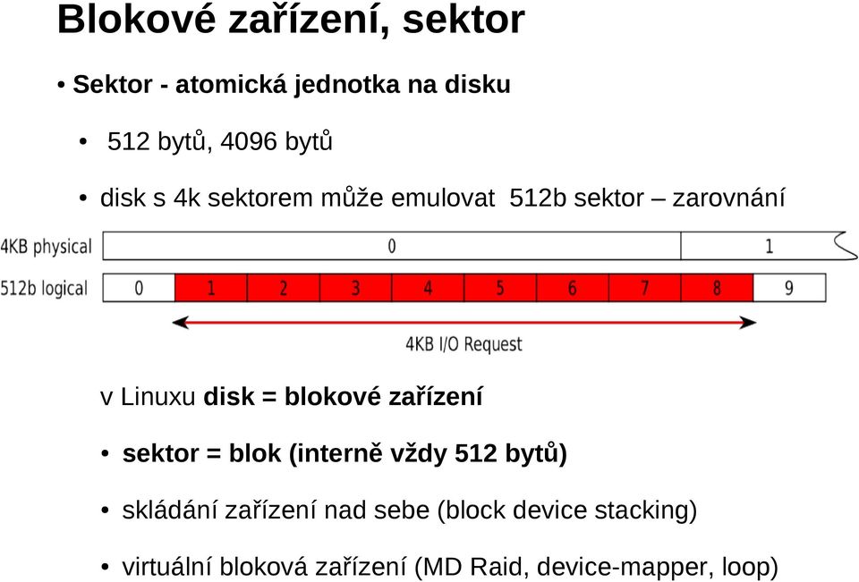 blokové zařízení sektor = blok (interně vždy 512 bytů) skládání zařízení nad