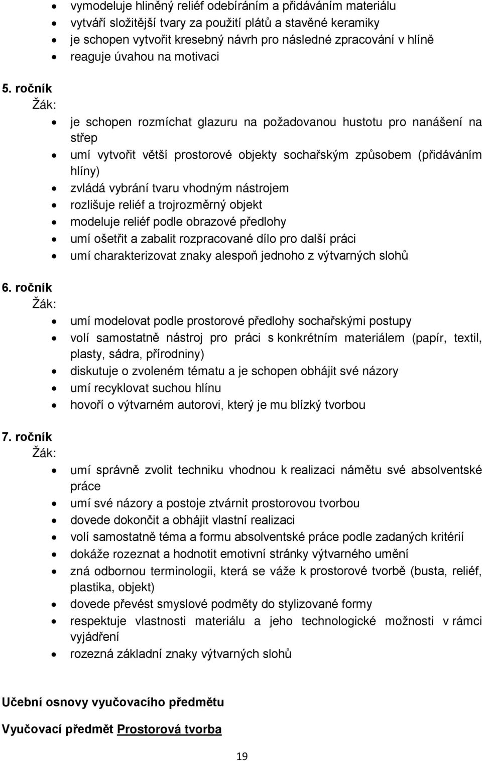 ročník je schopen rozmíchat glazuru na požadovanou hustotu pro nanášení na střep umí vytvořit větší prostorové objekty sochařským způsobem (přidáváním hlíny) zvládá vybrání tvaru vhodným nástrojem