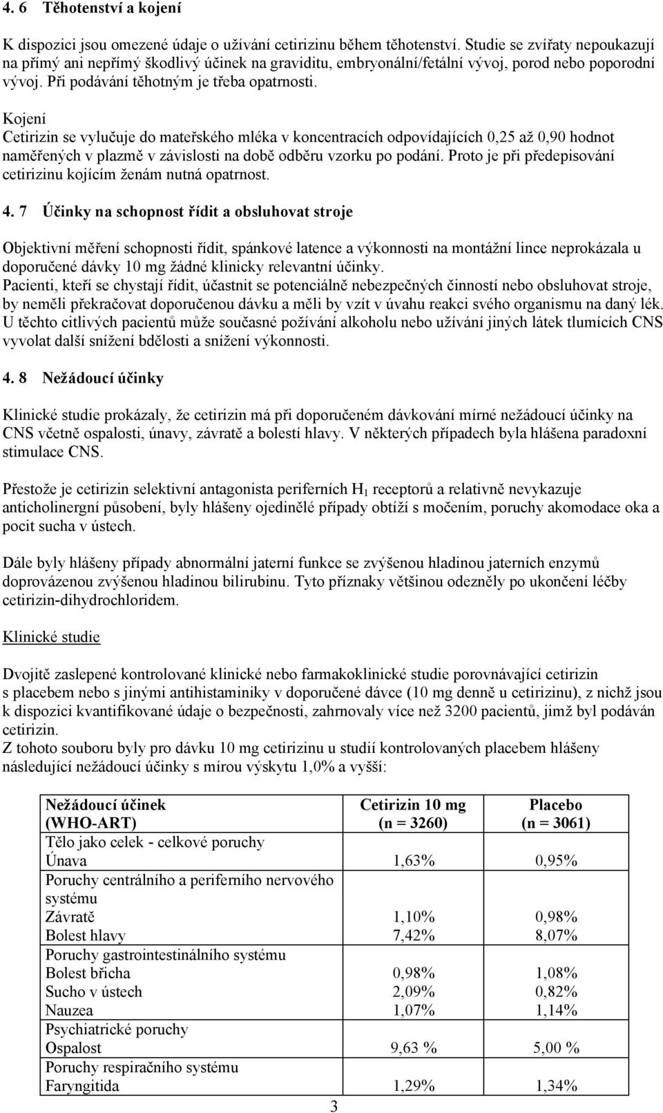 Kojení Cetirizin se vylučuje do mateřského mléka v koncentracích odpovídajících 0,25 až 0,90 hodnot naměřených v plazmě v závislosti na době odběru vzorku po podání.