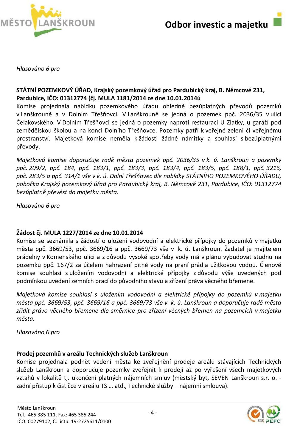 2036/35 v ulici Čelakovského. V Dolním Třešňovci se jedná o pozemky naproti restauraci U Zlatky, u garáží pod zemědělskou školou a na konci Dolního Třešňovce.