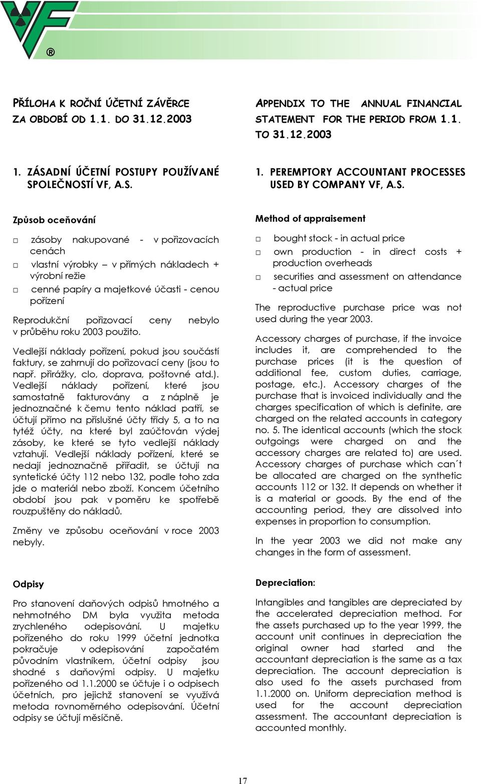 účasti - cenou pořízení Reprodukční pořizovací ceny nebylo v průběhu roku 2003 použito. Vedlejší náklady pořízení, pokud jsou součástí faktury, se zahrnují do pořizovací ceny (jsou to např.