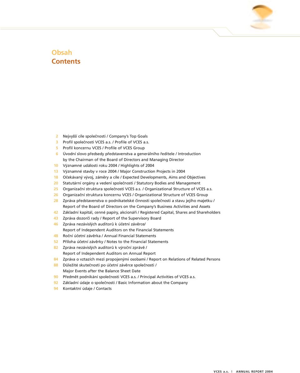 Highlights of 2004 Významné stavby v roce 2004 / Major Construction Projects in 2004 Očekávaný vývoj, záměry a cíle / Expected Developments, Aims and Objectives Statutární orgány a vedení společnosti