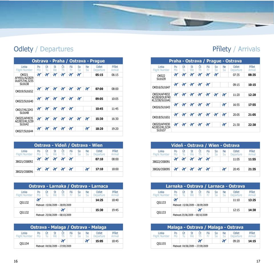 AZ2833/KL3239 SU1642 15:30 16:30 OK018/SU1651 18:20 19:20 OK020/AF4930 AZ2832/KL3234 SU1637 Odlet Departure Přílet Arrival Linka Flight Number 07:10 08:00 17:10 18:00 3B026/OS8095 Odlet Departure